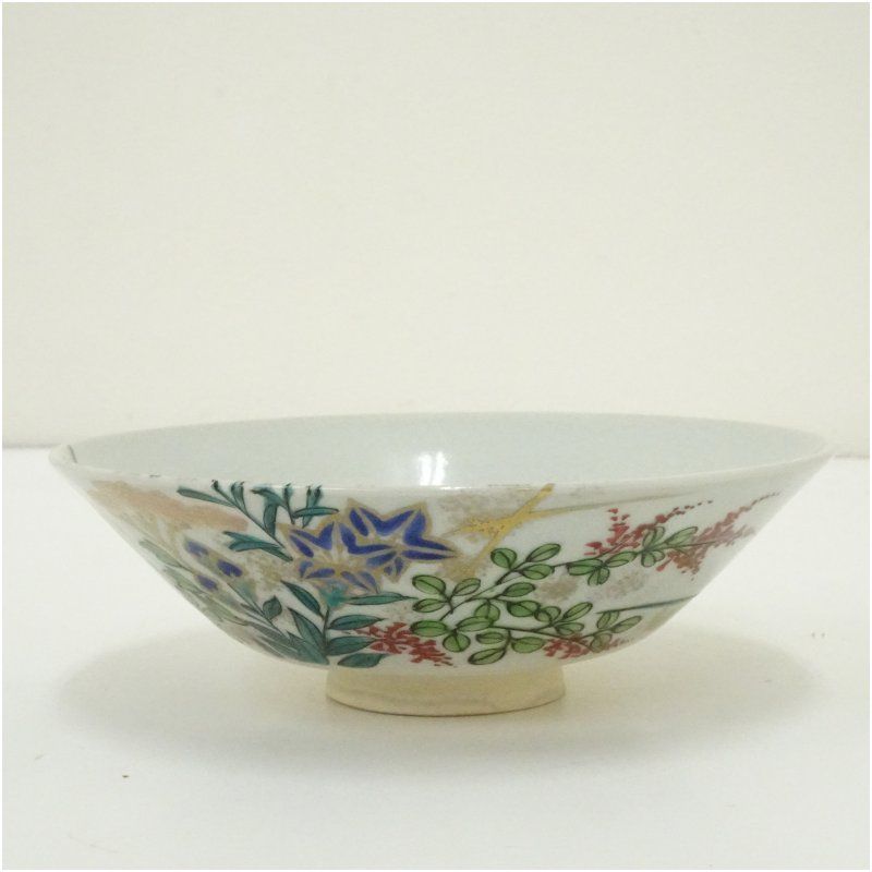 京焼 山澤松篁造 着彩千種絵茶碗（銘：白露）（共箱） 茶道 抹茶