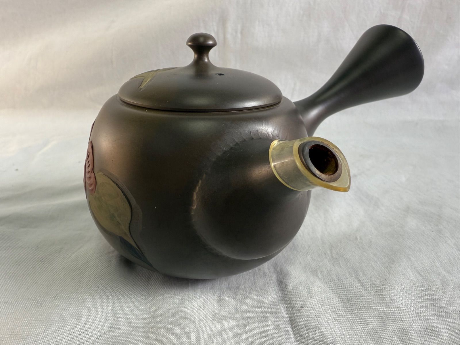 常滑焼き 伊藤昭陽造 緑泥 朱泥彫刻 急須 煎茶道具 深緑色 手作り