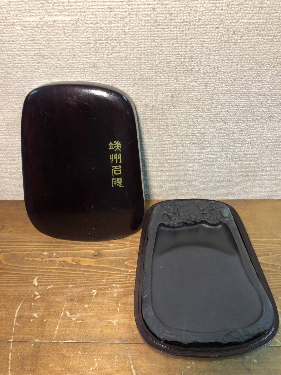 端州石硯 端渓硯 梅鳥細密彫刻 重量1.7㎏ 中国 石眼