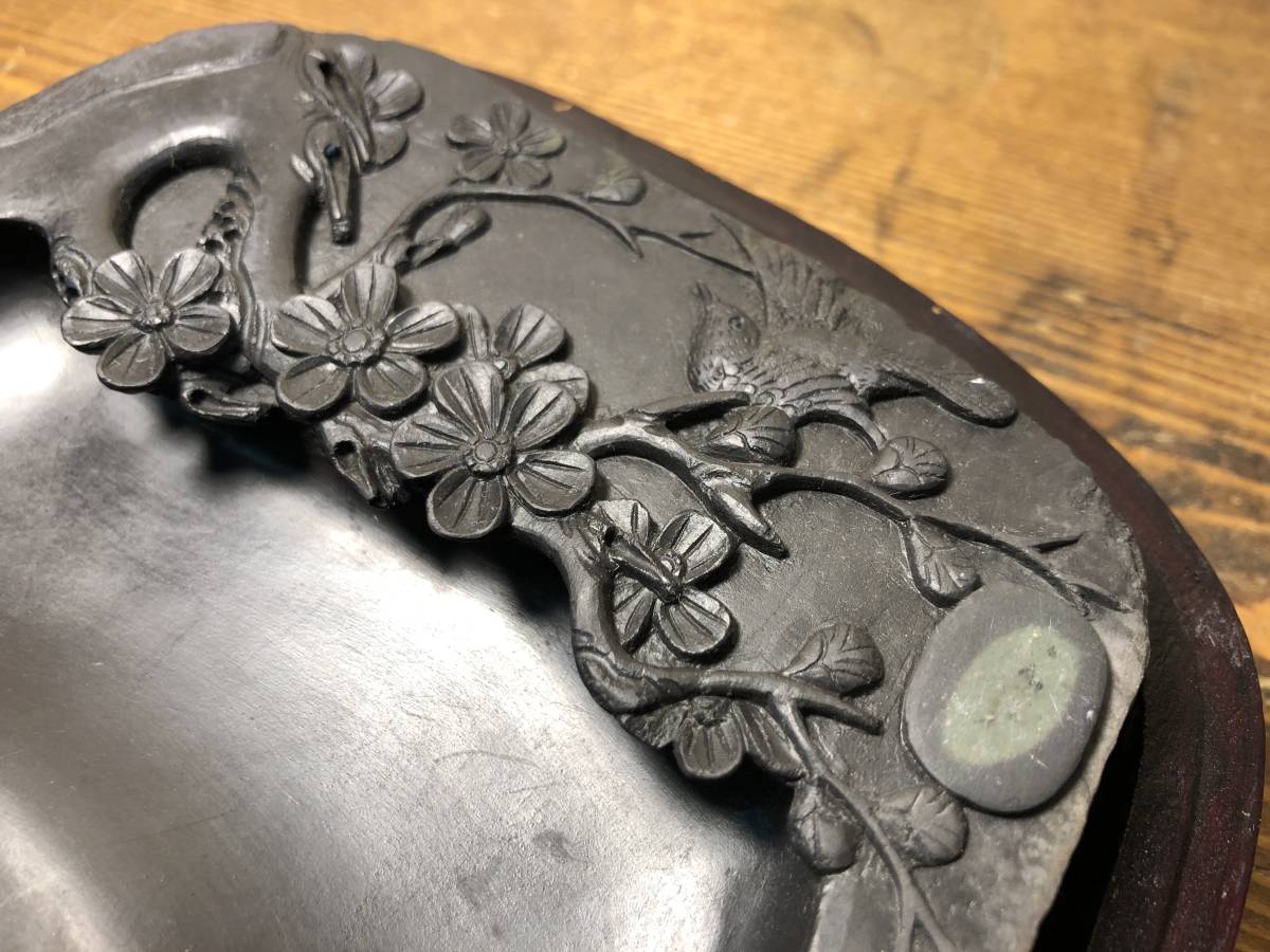 端州石硯 端渓硯 梅鳥細密彫刻 重量1.7㎏ 中国 石眼