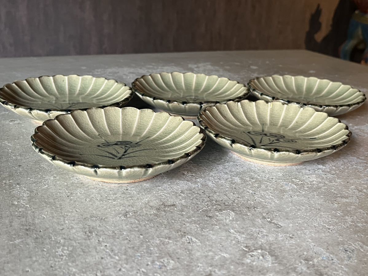 □人間国宝 加藤卓男 幸兵衛窯 御深井釉 菊皿 五客 共箱