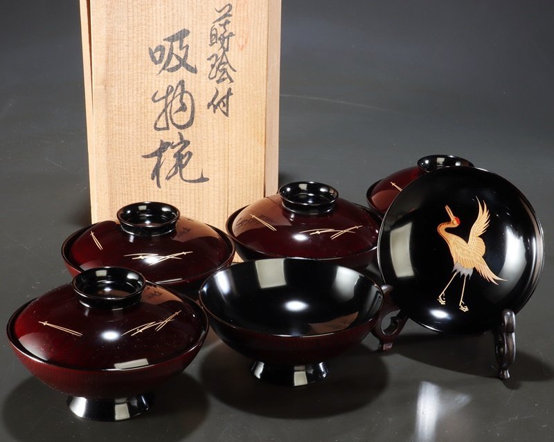 夢讃岐】茶道煎茶/木製漆器 見返し高蒔絵 吸物椀 5客揃（蓋5