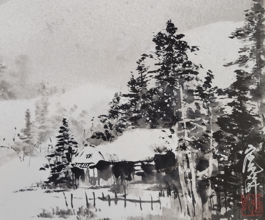 水墨画 雪の中の農作業 水墨画 雪の中の農作業