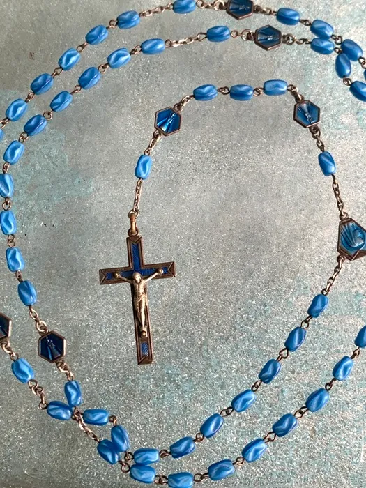 フランス 50s ロザリオ ネックレス 十字架 ブルー アンティーク | Blue