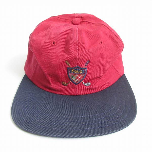 美品 90s USA製 Polo ポロ ラルフローレン ゴルフ キャップ 赤系×紺系
