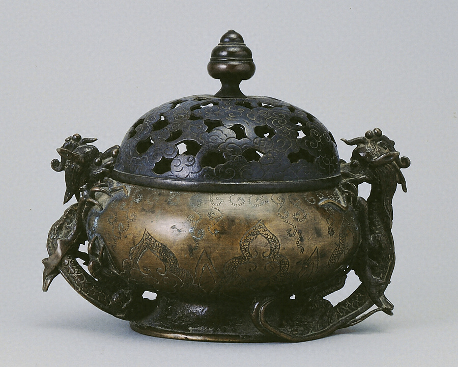 清時代 乾隆年製 獅子双龍紋 古銅 三つ足香炉 【銀閣】古銅