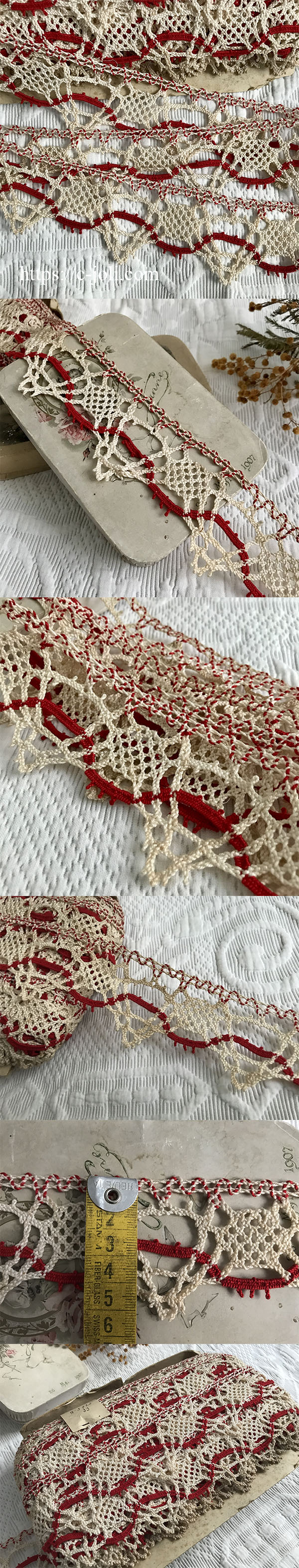 アンティークフランス レッドラインボーダー モノグラム刺繍L