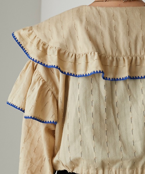 forksy.】ブランケットステッチビックカラークロップドフリルブラウス