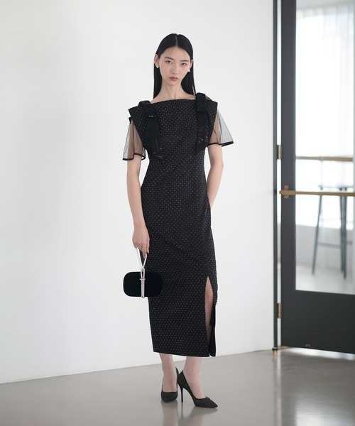 セール】【LEJA】2WAY花柄リボンドットストーンIラインドレス