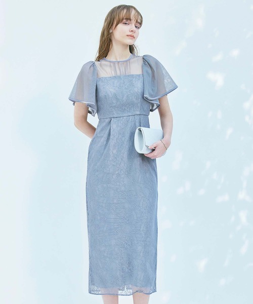 ボリュームフレアスリーブフラワーレースロングタイトパーティードレス