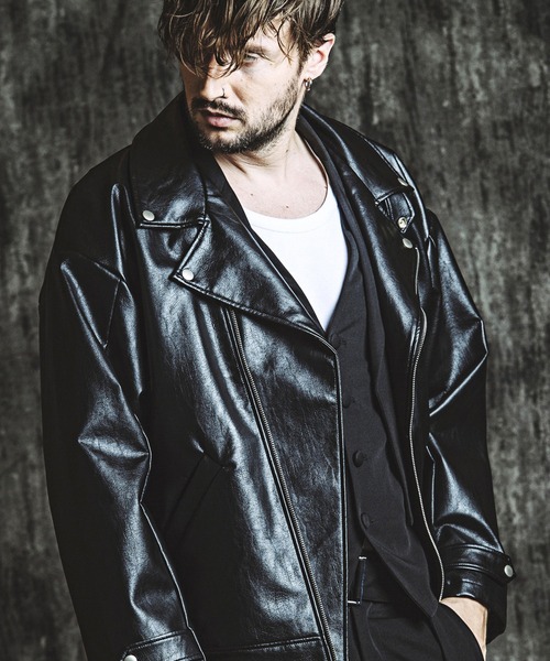 セール】【NO ID.】Synthetic Leather Big Riders Jacket