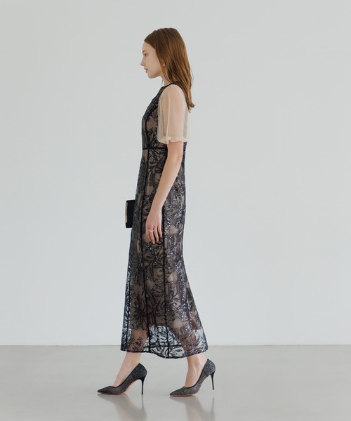 セール】【LEJA】アシンメトリーシアーフラワードレスワンピース美脚