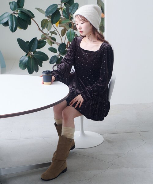 結婚式/オケージョン】ベロアスタッズミニワンピース（ワンピース