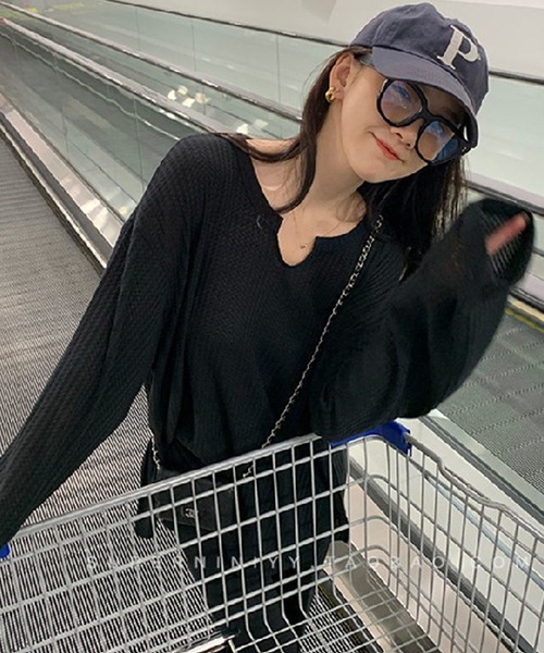 セール】オーバーサイズ フロントカット ヘンリーネック サーマル ロン