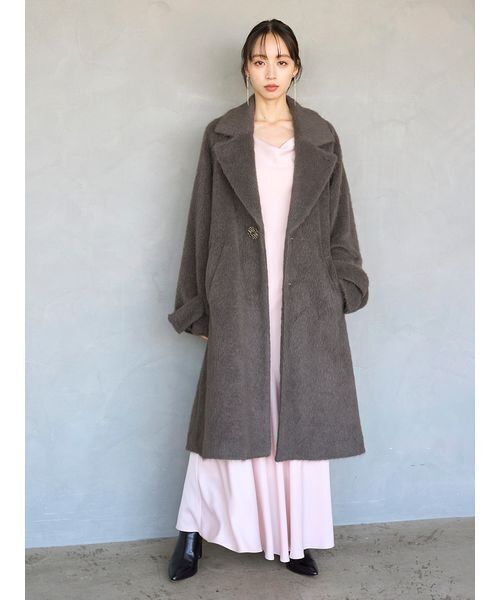 セール】ブローチ付きシャギーロングコート（チェスターコート