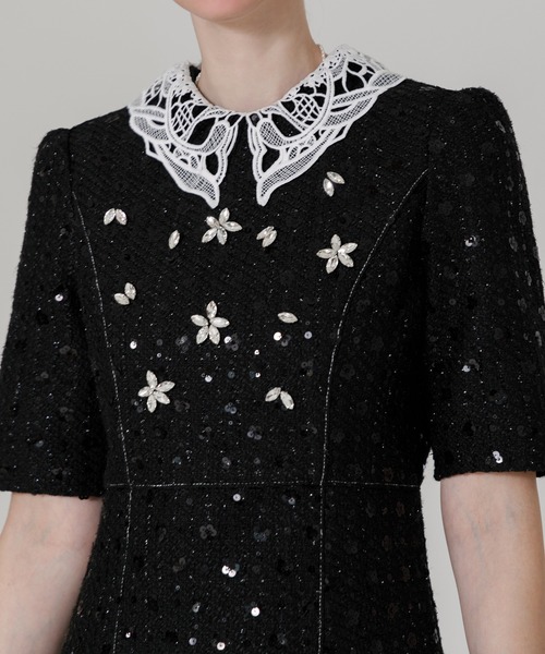 LEJA】レース花柄ビジュー付きスパンコールフレアマーメイドシルエット