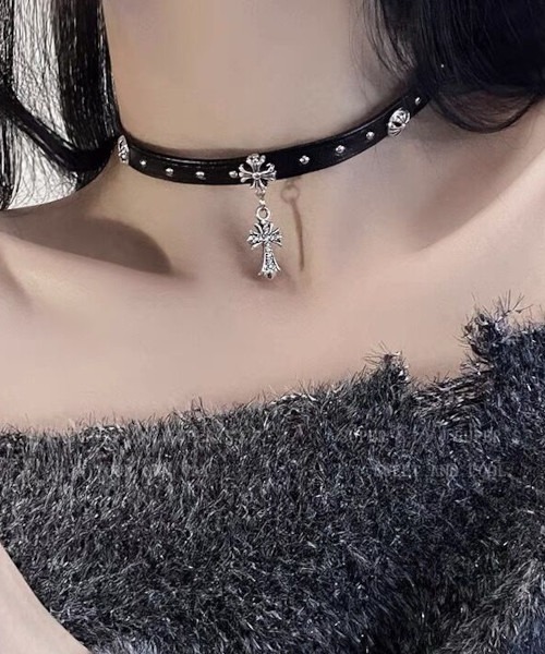 MASHIRO】クロス＆スタッズモチーフ合成皮革チョーカー(MA/EK496