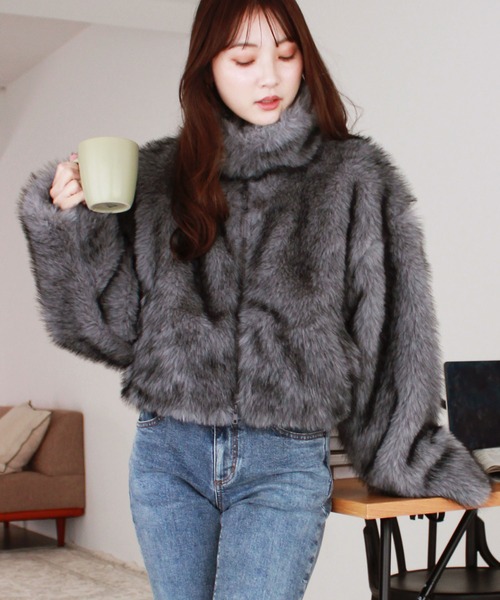 ミックスファーショートコート / ダブルジップ スタンドカラー