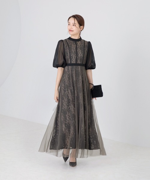 セール】【LEJA】美脚効果ハイウエストチュールレース切り替えドレス