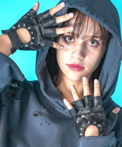 an meets zakka スタッズ指抜きレザーグローブ / メンズ レディース