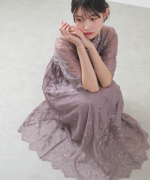 セール】総レース ハイネック ミモレ丈 ワンピース パーティー ドレス