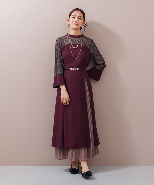 スタンドカラー スリットワンピース+プリーツスカート/セットアップ