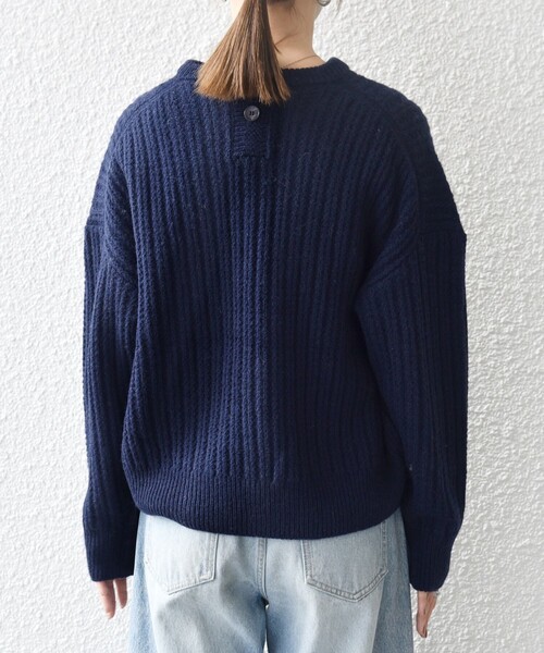 SHIPS any: リブ タック編み クルーネック ボタン ニット プルオーバー
