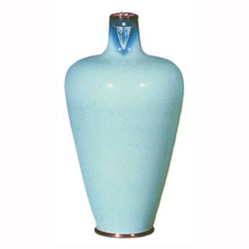 安藤七宝店製、青玉釉唐草文花瓶、一輪挿し、箱付き 七宝焼 安藤七宝店