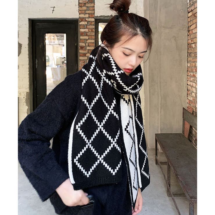 新作＞7Gダイヤ柄ジャガードリバーシブルニットマフラー[品番