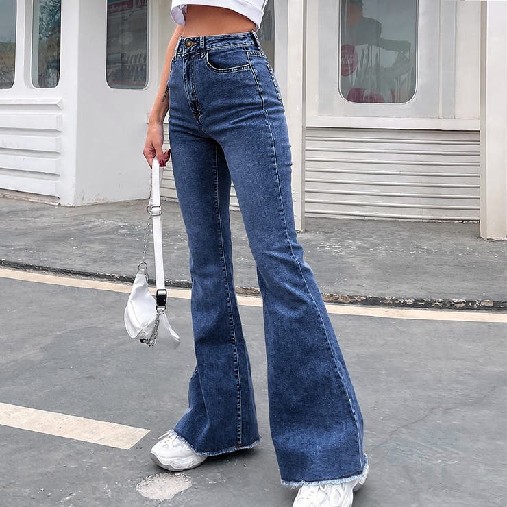 デニム フレアパンツ 裾フリンジ 美脚[品番：AGCW0002977]｜SUNSHINE