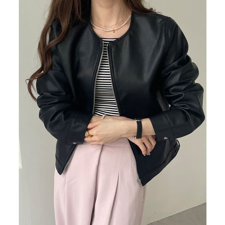 フェイクレザー ノーカラー ライダースジャケット[品番：AZ000002782