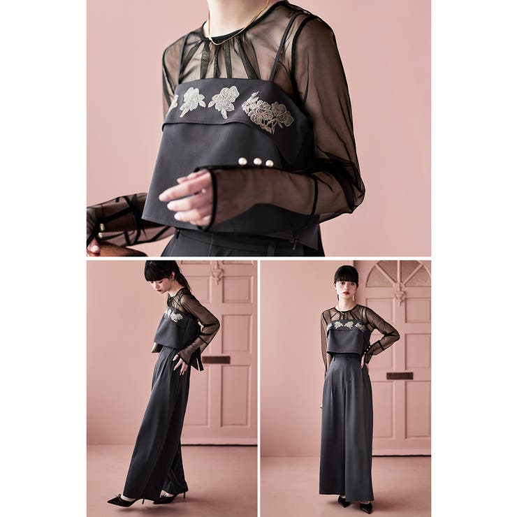 etoll エトル 3piece刺繍リボンビスチェ＆タックワイドパンツセット