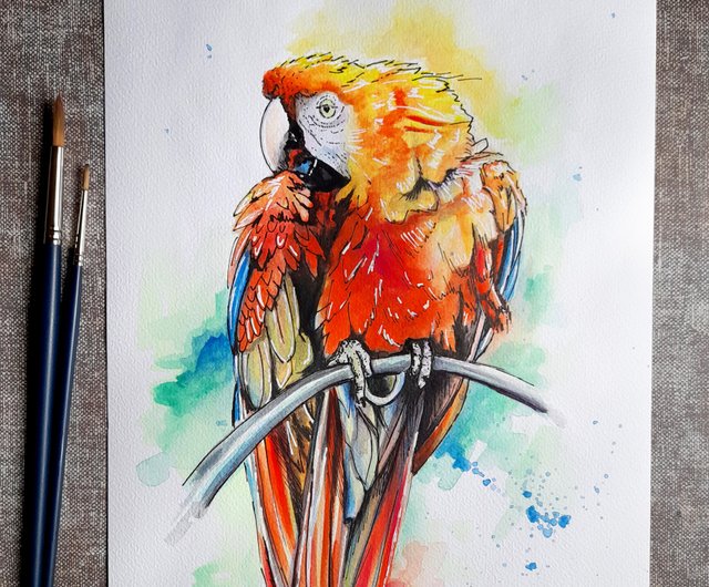 コンゴウインコ 絵画 オウム絵画赤コンゴウインコ鳥水彩アートワーク
