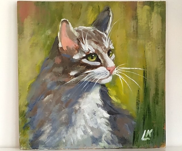 送料無料】ブルガリア 段ボールに描かれた猫の油絵 印象派アート 猫の