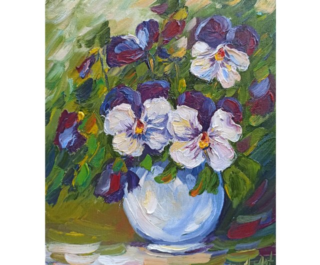 水彩画原画水仙とパンジー春のガーデン 透明水彩原画パンジー春の花