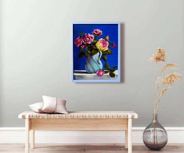 キャンバス油絵 専用 カラフルなお花をたくさん入れた花瓶 happy