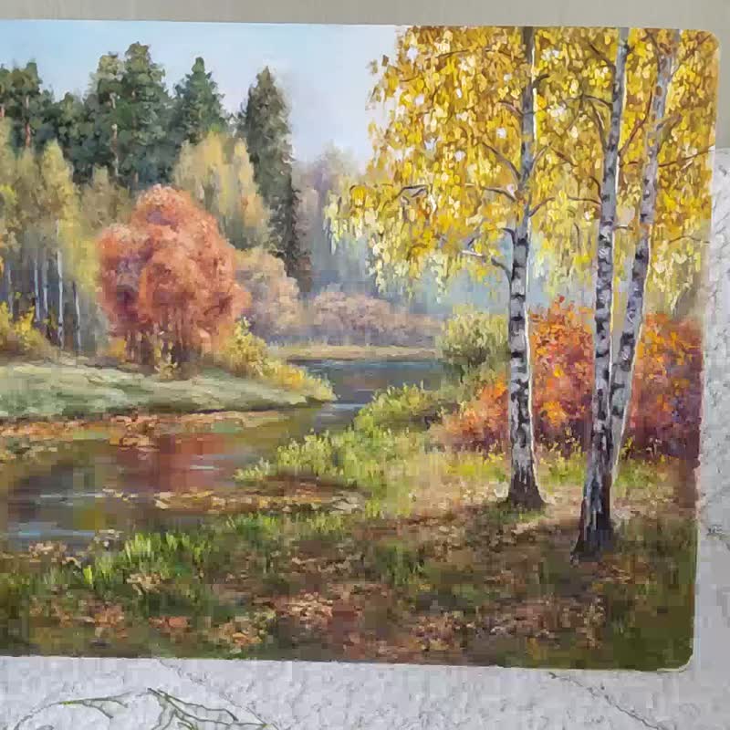 お勧め 油彩 肉筆 秋の森林白樺風景画 大型横長額縁 紅葉 インテリア