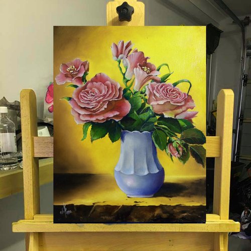 手書き油絵 ゴッホ 花瓶の薔薇 額付 肉筆絵画 インテリア 有名絵画