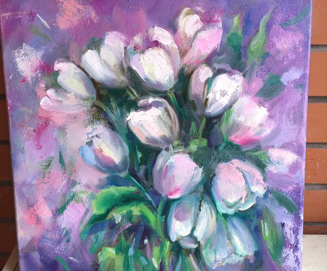 キャンバス油絵 専用 カラフルなお花とモノトーンの食器があるテーブル