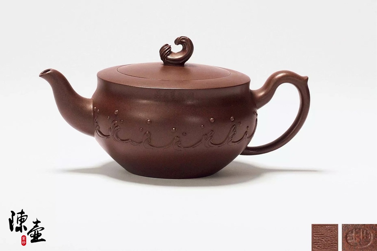 清 名家 「石林何氏」款 何心舟作 細工彫り『竹漢詩文』 造形紫砂壺