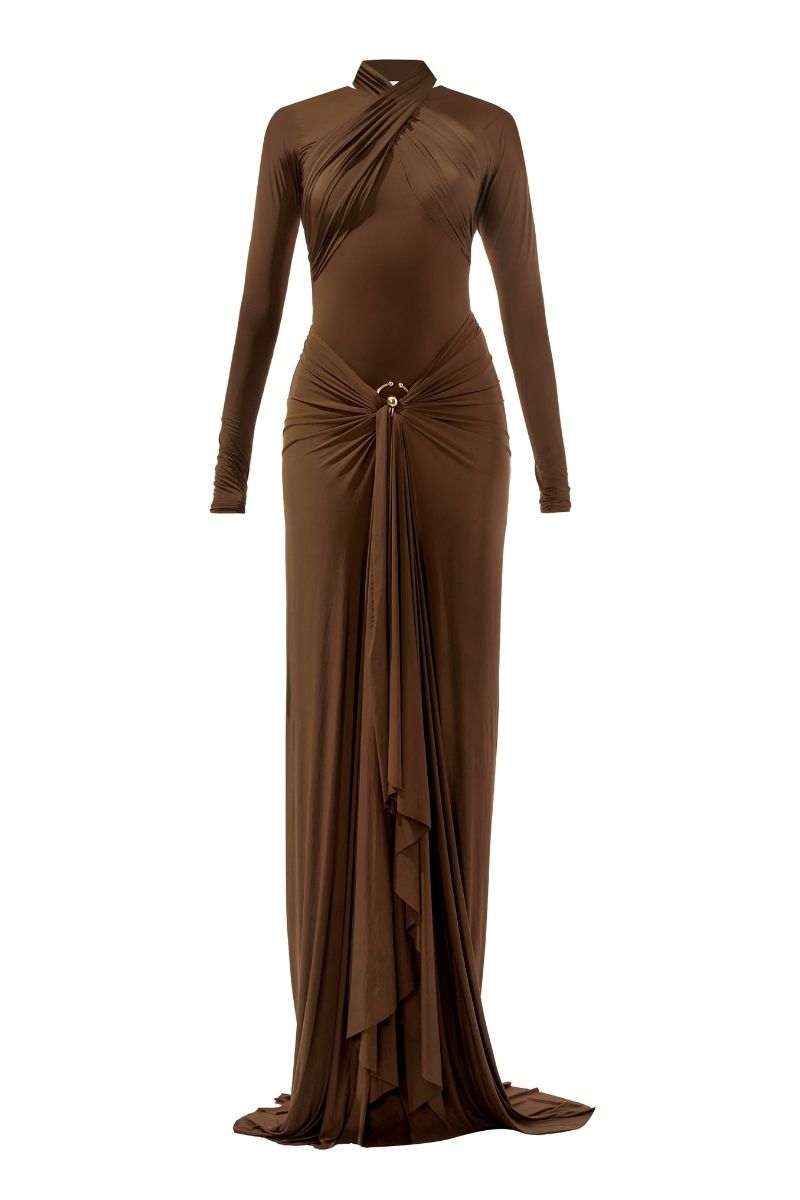 KENNY BROWN DRAPED FULL SLEEVES NET DRAPED GOWN | CULT MIA | Deme