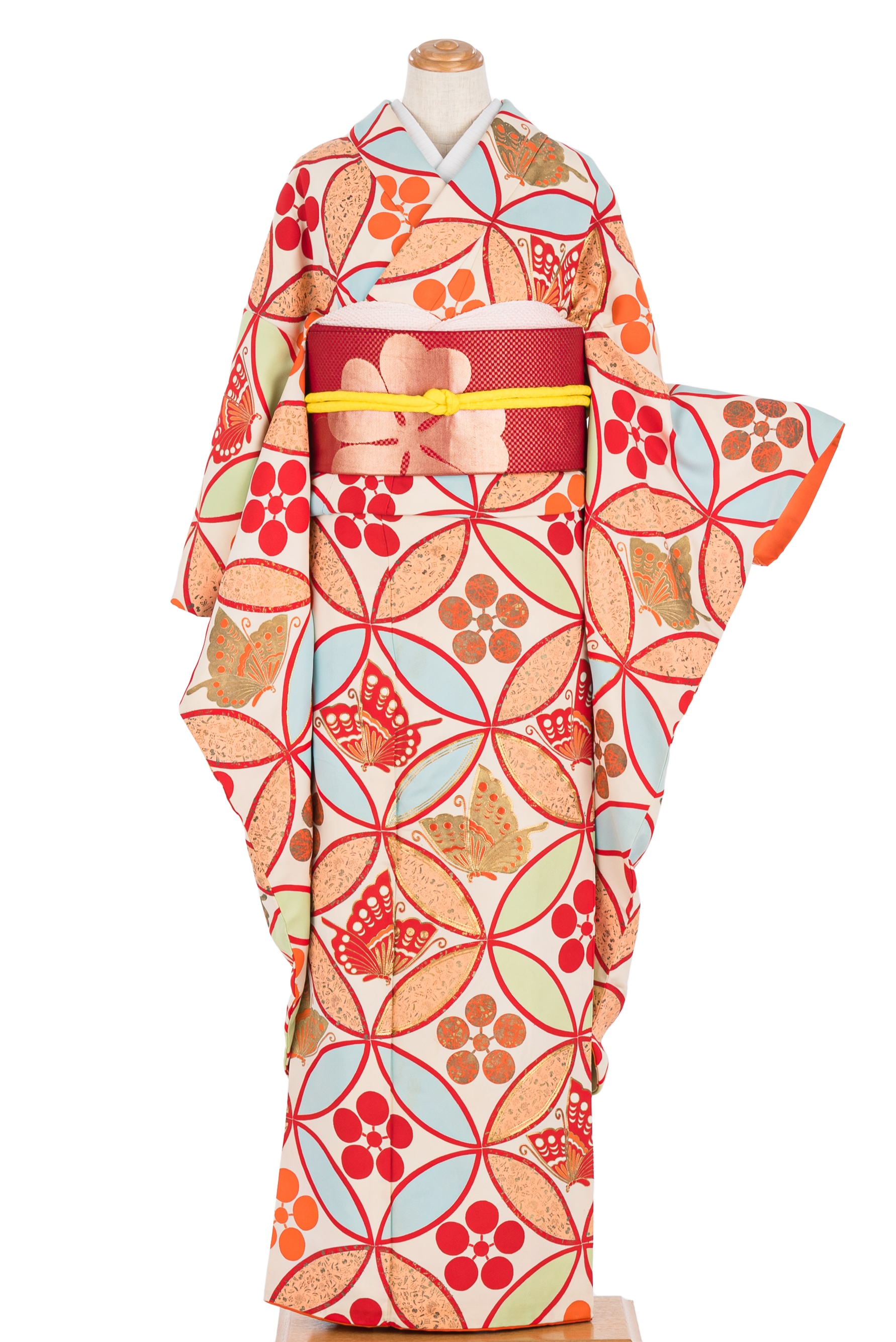 振袖 セミアンティーク 七宝に梅鉢と揚羽蝶 - からん::アンティーク