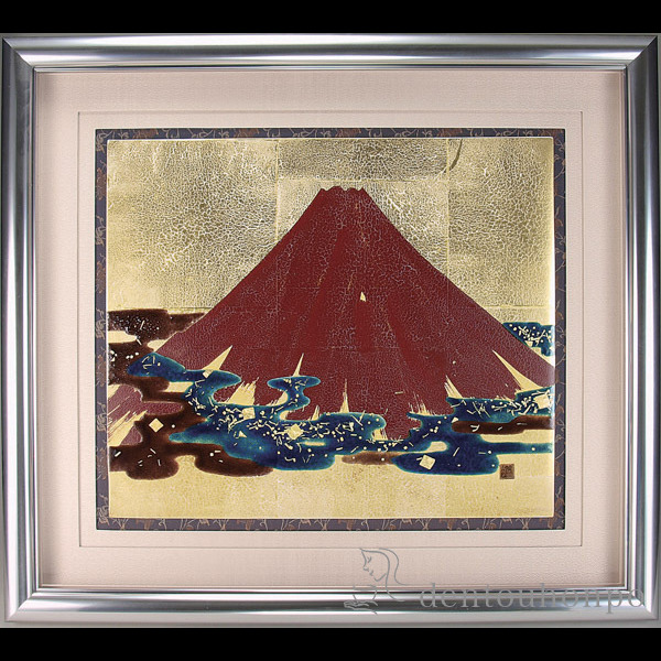 送料無料】 陶額 金箔赤富士 ガラス付 / お祝い 取引先 周年記念 創立