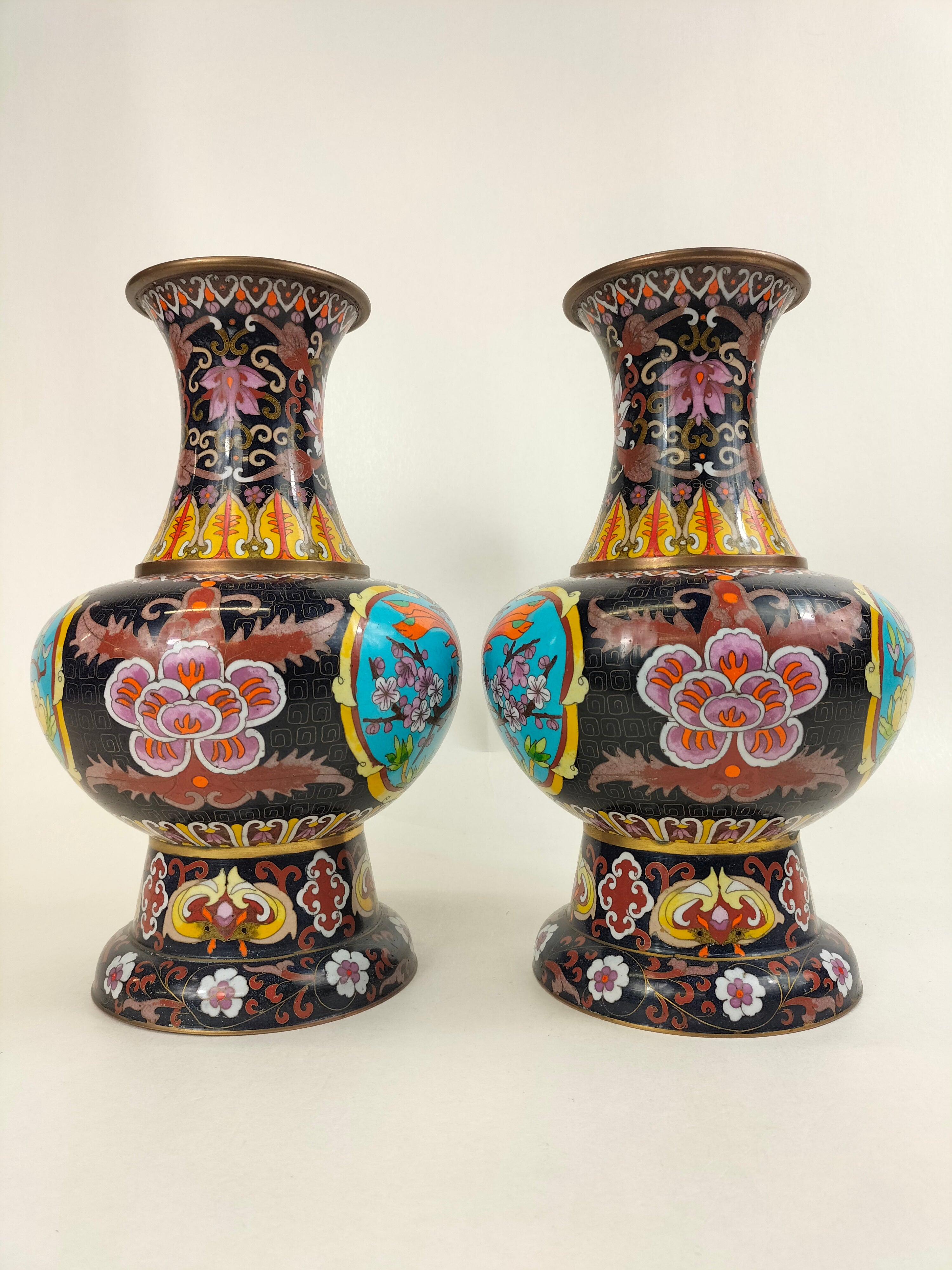 中国 中国 景泰藍 七宝焼 花瓶 一対 花台 共箱付 唐物 花器 中国古玩 中国