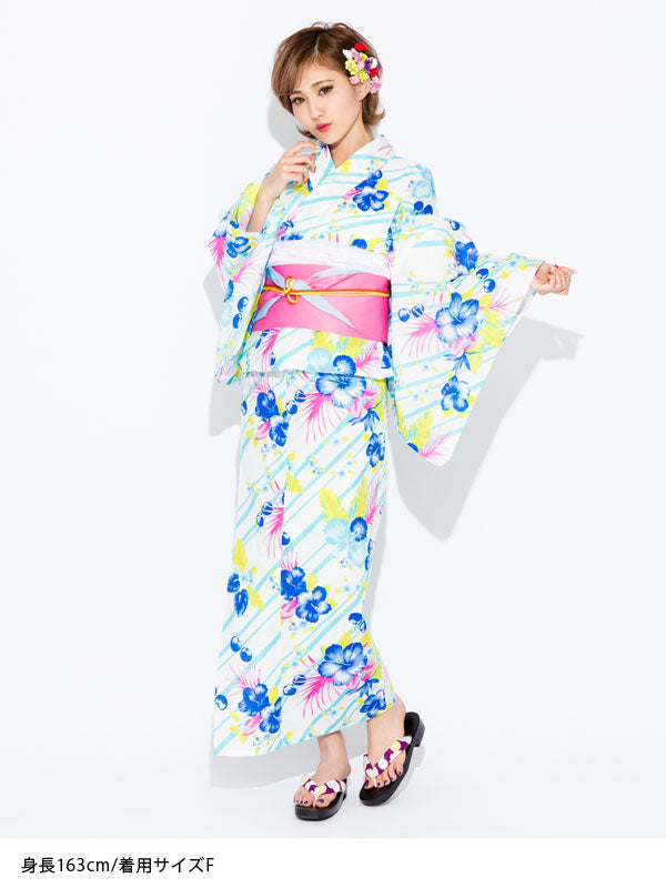 ハイビスカス&チェリートロピカル柄高級平織り浴衣+帯2点セット