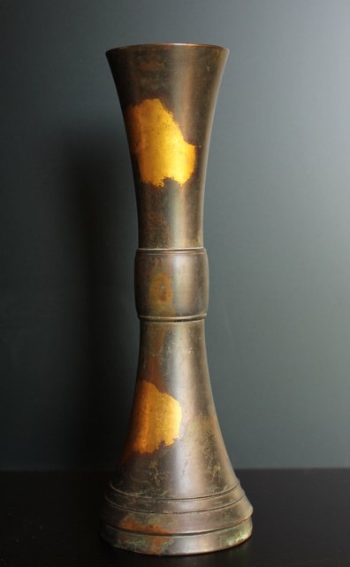 平安泰蔵六造 塗金銅花瓶 立鼓式花瓶 木箱 共箱 骨董品 工芸品 秦 蔵六