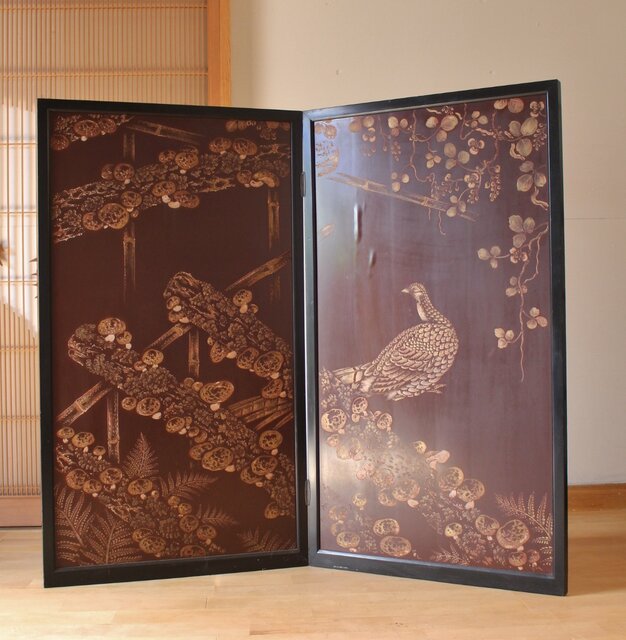 小野為郎 彫漆屏風 Q061｜骨董店 のびる 古美術 骨董 和風建具 蔵戸