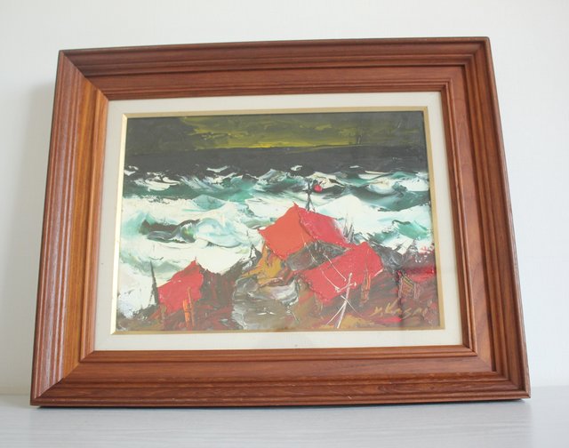 油彩画 葛西四雄作 「北の海と赤い屋根」 額付 SM サイン有