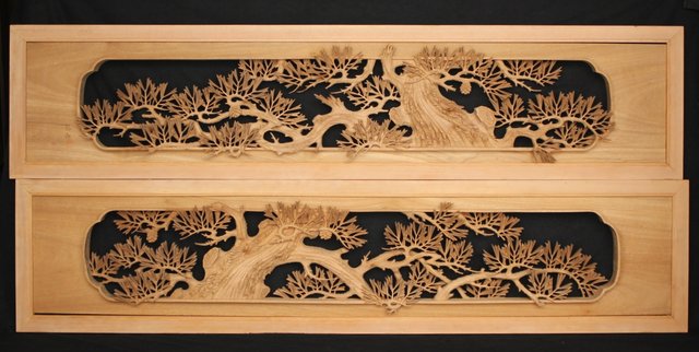 欄間 – 中田彫刻店 BK167 越中井波彫刻 名工 泉 作 竹林図 欄間 一対