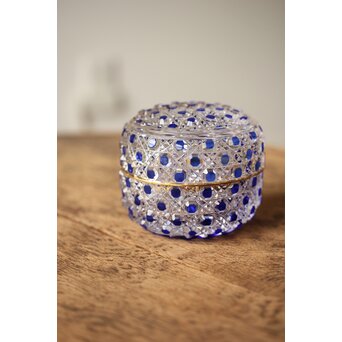 江戸切子 堀口硝子 須田秀石 瑠璃被 籠目紋 蓋物/棗 共箱 Y044｜骨董店